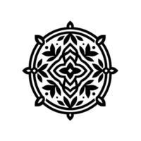 Intricate Black and White Circular Floral Mandala Featuring Symmetric Leaves, Dots, and a Central Quatrefoil, Set Against White Backdrop. vector