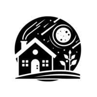 A minimalist black and white illustration of a house nestled in a celestial sphere featuring the moon, stars, and shooting stars, with a tree. vector