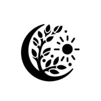 Symbolic black and white illustration featuring a tree within a crescent moon and a radiant sun, representing balance and nature. vector