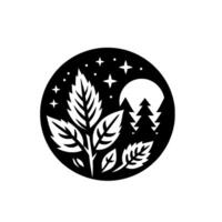 A stylized black and white circular illustration featuring a moonlit forest scene, leafy foliage, and celestial stars. vector