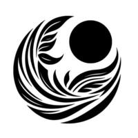 Elegant black and white circular featuring flowing leaflike elements and a dark circle, creating a harmonious and balanced composition on a clean white background. vector