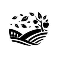 Minimalist Black and White Orchard Silhouette Depicting Apples on a Tree with Falling Leaves and Rolling Hills in a Circular Composition. vector