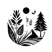 Black and white minimalist illustration within a circle, a stylized nature scene featuring plants, trees, a sun, a mountain, and an overall serene aesthetic. vector