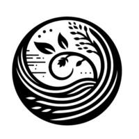 Serene Black and White Circular Composition Delicate nature elements of leaves, water, and branches forming an enclosed, harmonious , set against a white background. vector