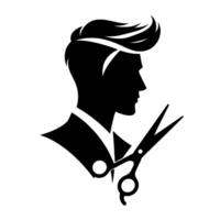 Silhouetted profile of a man in a suit, showcasing a stylish haircut, with barber scissors overlaid, perfect for a salon . vector