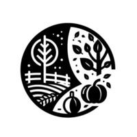 Stylized, blackandwhite circular illustration depicting a bountiful harvest scene with farm elements, pumpkins, and trees. vector