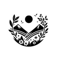 A minimalist monochrome nature scene depicts mountains beneath a sun, framed by floral and foliage elements, conveying tranquility and natural beauty. vector