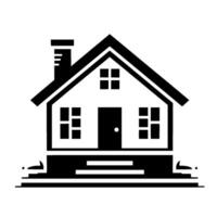A minimalist black and white illustration of a classic house, featuring a pitched roof, chimney, windows, and a front door on a simple foundation. vector