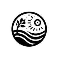 A minimalist black and white illustration within a circle, depicting a young tree, sun, rolling landscape, and stylized water, symbolising growth and nature. vector