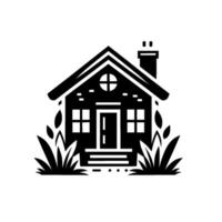 A stylized, black and white illustration of a house with a chimney, arched window and decorative grass, set on a clean white background. vector