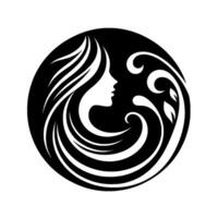Elegant Silhouette Womans Profile Merged with Natures Embrace, Artistic Depiction in Black White, Enclosed in a Circle. vector