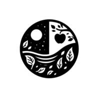 A minimalist YinYang representation of nature within a circle, showcasing a night sky, an apple tree, and foliage with alternating white and black areas. vector