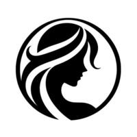 Elegant Black and White Silhouette of a Womans Profile Framed Within a Circle, Emphasizing Flowing Hair and Refined Features. vector