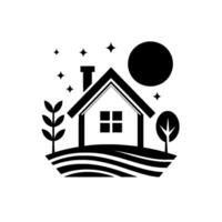 Monochromatic, minimalist illustration of a house under a night sky, with stylized trees, stars, a full moon, and rolling hills. vector
