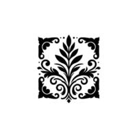 Elegant Black and White Floral Motif Within a Decorative Square Frame, Featuring Leaves and Swirls. vector