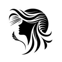 Elegant Silhouette of a Woman with Flowing Hair, Adorned with Decorative Lines and a Feather, in Minimalist Black and White Style vector