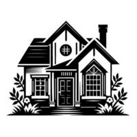 A crisp, stylized black and white illustration of a charming twostory house, complete with meticulously designed windows, a welcoming front door, and subtle floral embellishments, set against a prist vector
