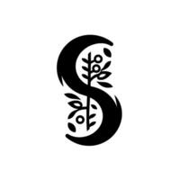 Abstract Black and White Featuring a Stylized S Shape with a Central Plant Motif, Representing Growth and Harmony. vector