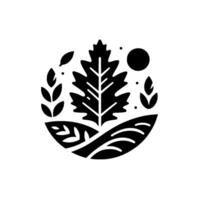 Minimalist black and white featuring a central stylized leaf with a detailed vein structure, surrounded by wheat stalks, sun, and rolling hills within a circular frame. vector