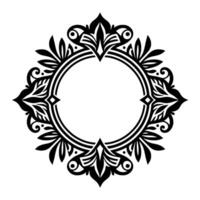 Intricate Black and White Decorative Circular Border with Flourishes, Leaves, and Geometric Accents, Centering an Open White Space. vector