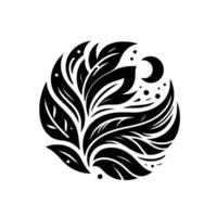 A stylized, circular, black and white illustration featuring a central leafy interwoven with a crescent moon and scattered dots. vector