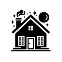 A stylized black and white illustration of a house emitting smoke, with a crescent moon, stars, and sparkling elements, evoking a warm and inviting atmosphere. vector