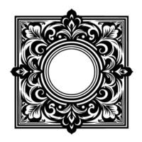 Intricate Black and White Ornamental with Floral Motifs Centering a Circular Space, Ideal for Text or a , on a White Background. vector