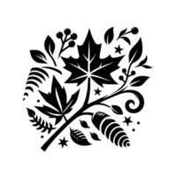 Black White Floral Pattern with Maple Leaf, Berries, Decorative Elements, Modern vector