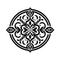 Symmetrical Floral Mandala in Black and White, a symmetrical with a floral pattern inside a circular border, embodying elegance and simplicity. vector