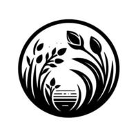 A stylized, monochrome botanical illustration set within a circular frame. Showcasing minimalist plant life, it features flower buds, leaves, and grass. A small bowllike shape is located at the base vector