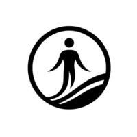 Minimalist Black Silhouette of a Human Figure within a Circle, Symbolizing Movement and Progress Over a Wave. vector