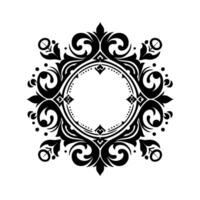 Elegant Black and White Circular Ornament with Floral and Swirl Motifs Encircling a Blank Center, Perfect for Elements. vector