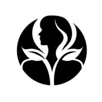 Silhouette of a womans profile emerging from a circle of stylized leaves, symbolizing growth and nature, clean lines, and minimalist . vector