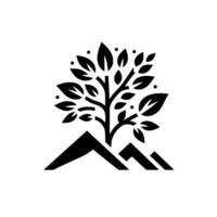 Stylized black and white depicting a tree with leaves growing from geometric mountains, evoking nature, growth, and stability against a plain white backdrop. vector