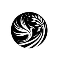 Elegant Black and White Symbol of a Bird with Leafy Branch and Stars Contained Within a Circular Frame, Evoking Grace and Serenity. vector