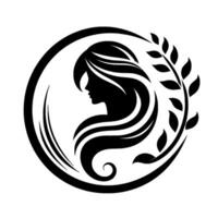 Elegant Silhouette of a Woman with Flowing Hair and Laurel Wreath in a Circular Frame, Minimalist Black and White . vector