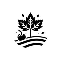 Minimalist black and white featuring a stylized maple leaf tree with a cherry and floating leaves on a rolling field. vector