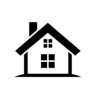 A minimalist, geometric house illustration with clean lines, a chimney, and two sets of square windows, rendered in stark black and white against a bright, expansive background. vector