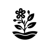 Stylized Black and White Floral Silhouette A Simple Yet Elegant Depiction of a Blooming Flower and Foliage in a Bowl Against a White Background. vector