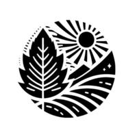 A minimalist black and white emblem showcasing a stylized leaf nestled beside a radiant sun, rolling fields, and distant mountains within a circular frame, evoking a sense of natures harmony. vector