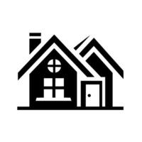A minimalist black and white illustration of a house, featuring a chimney, windows, and a door, creating a simple yet elegant architectural . vector