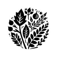 Elegant Black and White Botanical Illustration Stylized Leaves, Berries, and Figlike Forms in a Circular Arrangement on White. vector