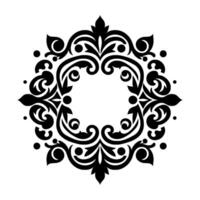 Symmetrical, ornate black and white decorative featuring swirling leaves, curves, and floral elements forming a circular frame. vector