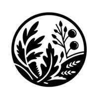 Circular Black White Botanical Featuring Leafy Plants, Berries, and Wheat on a Flat Surface vector