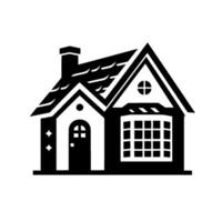 Monochromatic stylized illustration of a charming cottage with a detailed roof, chimney, and windows, set against a pristine white background, evoking a sense of simple serenity. vector