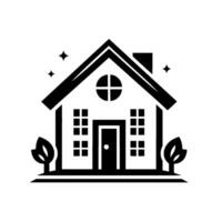 A symmetrical, black and white illustration of a charming house, featuring a round window, rectangular windows, a chimney, and stylized trees, with sparkling stars enhancing its welcoming and cozy aur vector