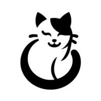 A minimalist black and white illustration of a content cat with a halfblack head, curled up, and a blissful expression, set against a pristine white background. vector