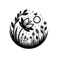 Monochromatic circular illustration of a stylized field scene with flora, fauna, sun, and stars. vector