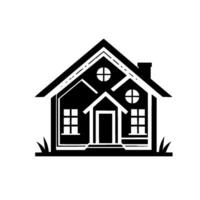 Simple Black and White Silhouette of a Classic House with CrossShaped Windows, Grass, and Chimney on a Light Background. vector