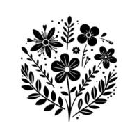 A stylized, monochromatic botanical illustration showcasing a symmetrical arrangement of simplified flowers, leaves, and dotted accents, forming a rounded composition on a stark white background. vector